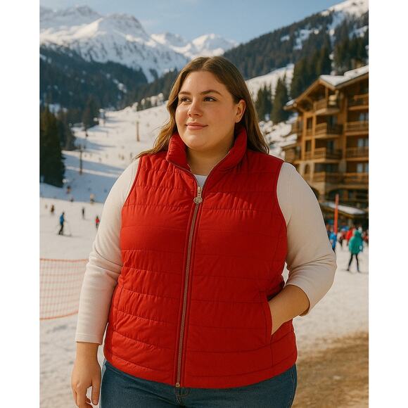 Michael Kors Red Quilted Puffer Vest Gold Zipper Size 1X Plus Winter Outerwear - Picture 1 of 11